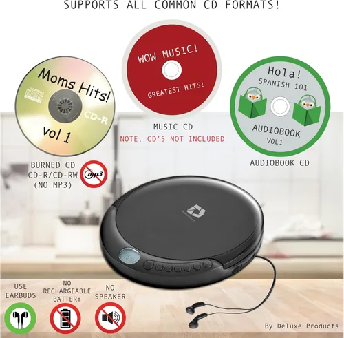 Miniatura 2 de Deluxe Products Reproductor de CD portátil con protección antideslizante de 60 segundos, auriculares estéreo, incluye cable de entrada auxiliar