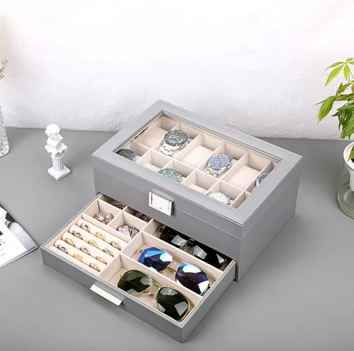Miniatura 8 de Voova Joyero organizador de cajas de reloj para hombres y mujeres 2 capas grandes de 12 ranuras de piel sintética estuche de almacenamiento