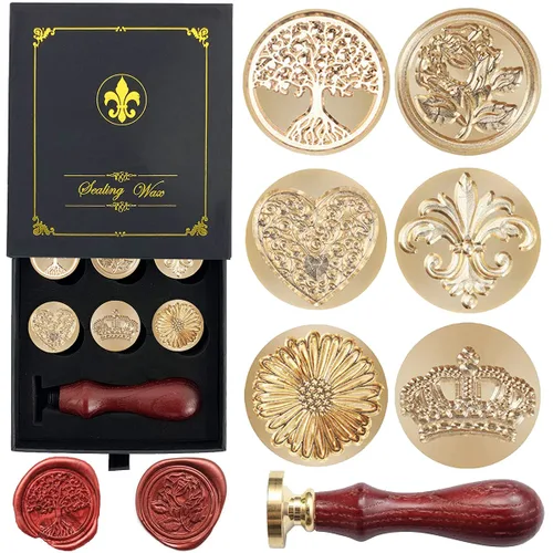 Juego de caja de regalo de sellos de cera, 6 sellos de cera de sellado, sellos de cobre, 1 empuñadura de madera, kit de sellos de cera para sobres