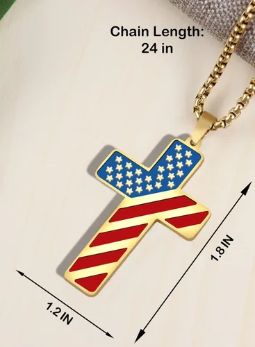 Miniatura 3 de REGIS Collar de cruz de bandera estadounidense para hombres y niños, cadena de acero inoxidable de 24 pulgadas, versículo bíblico con colgante