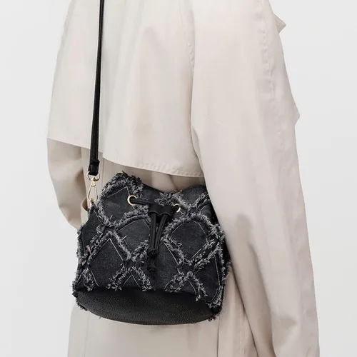 Miniatura 2 de Bolsas de cubo para mujer, mini bolso cruzado de mezclilla, con flecos, bolso de hombro con cordón