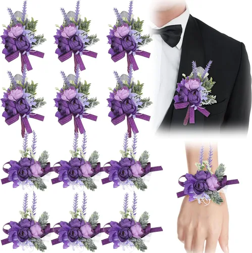 Juego de 12 ramilletes de muñeca morados y boutonniere para novios, padrinos de boda, damas de honor, boda, fiesta, baile, decoración de flores