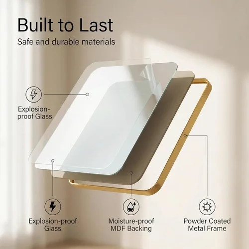 Miniatura 5 de Tangkula Espejo de baño dorado de 20 x 32 pulgadas, espejo de tocador rectangular redondeado con marco de metal, dorado mate, vidrio templado