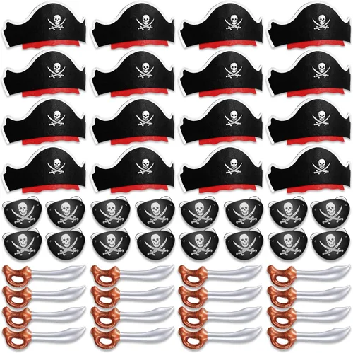 Miniatura 10 de Legigo Juego de 18 piezas divertidas de fiesta pirata, incluye 6 sombreros de pirata, 6 parches para ojos, 6 espadas inflables para fiesta pirata