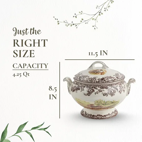 Miniatura 3 de Spode Sopera Woodland con motivos de conejo, codorniz y pintaleta, sopera cubierta de 4.25 cuartos de galón, hecha de loza fina, apta