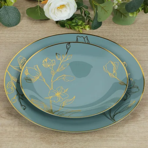 Efavormart - Juego de 20 platos de plástico floral azul polvoriento, dorados, platos de 10 pulgadas y platos de postre de 7 pulgadas para
