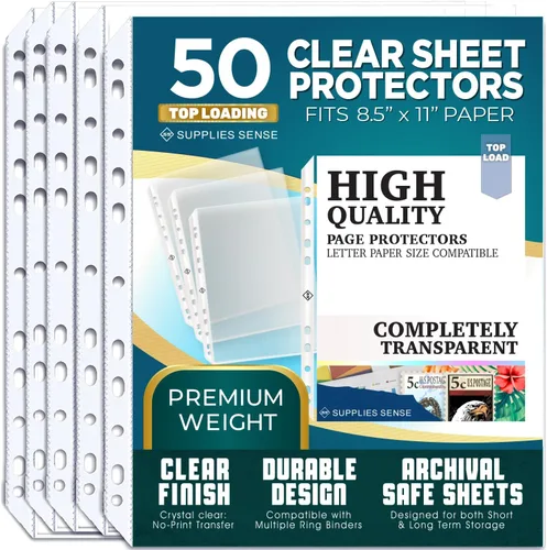 Protectores de hojas para carpeta de 3 anillas, paquete de 50 protectores de páginas transparentes premium de 8.5 x 11 pulgadas, fundas de plástico