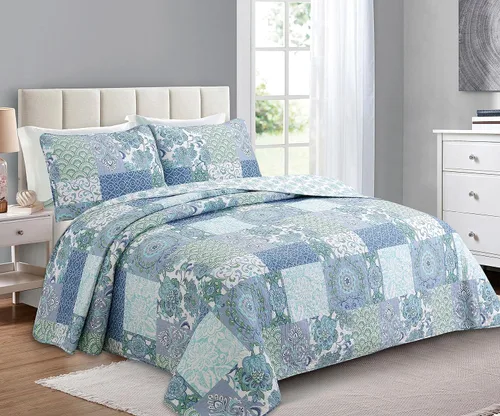 Miniatura 13 de Cozy Line Home Fashions Nina Trista Flowers - Juego de ropa de cama reversible 100% algodón con cinta azul aguamarina, estampado floral gris, colcha