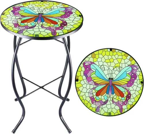 Miniatura 15 de Arbuxzuy Mesa auxiliar pequeña de 12 pulgadas para exteriores con mosaico azul-blanco, mesa de patio con mosaico de vidrio para interiores, mesa