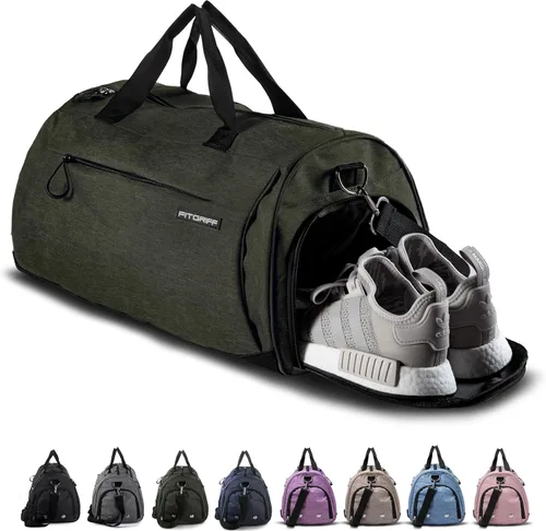 Fitgriff Bolsa de gimnasio para hombres y mujeres con compartimento para zapatos y artículos húmedos, bolsa de lona para viajes, deportes, fitness y