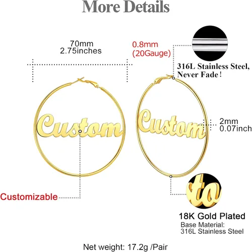 Miniatura 4 de FOCALOOK 18K Gold Plated Lightweight Thin Hoops Custom Name Hoop Huggie Earrings for Women 30405070100mm