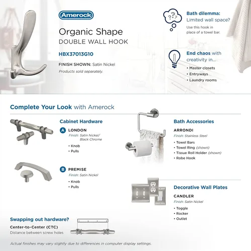 Miniatura 6 de Amerock HBX37013G10 - Gancho decorativo de pared de triple punta, gancho de níquel satinado para abrigos, sombreros, mochilas, bolsos, ganchos