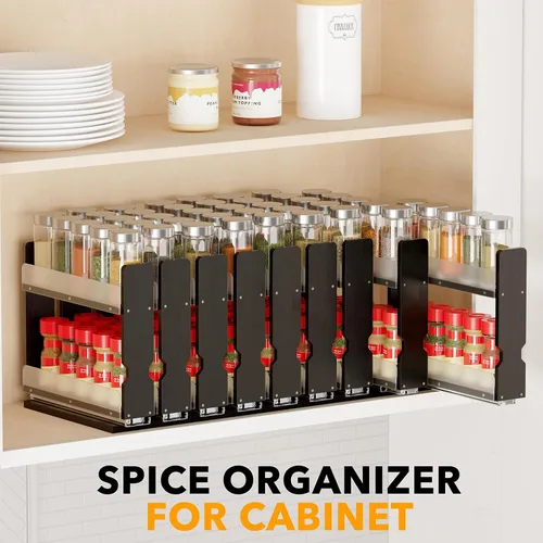 Miniatura 6 de SpaceAid Organizador de especias extraíble de bambú para gabinete, organizador de condimentos deslizante y resistente para despensa de cocina