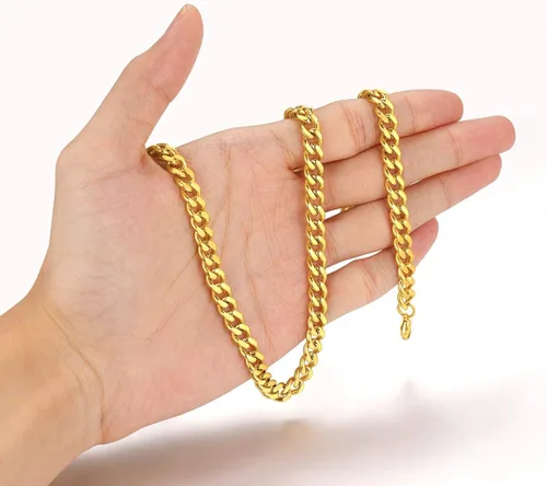 Miniatura 3 de FindChic - Collar con cadena para hombre chapado en oro de 18 quilates acero inoxidable doble apretado eslabones cubanos para hombres y niños