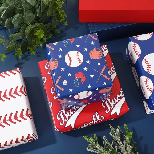Miniatura 5 de AnyDesign 12 hojas de papel de regalo de béisbol, no enrolladas, papel de regalo deportivo, papel de regalo deportivo, plegado a granel, papel plano