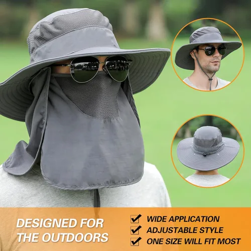 Miniatura 5 de Sombrero de pesca para hombres y mujeres, sombrero de ala ancha con solapa desmontable para el cuello y cubierta facial