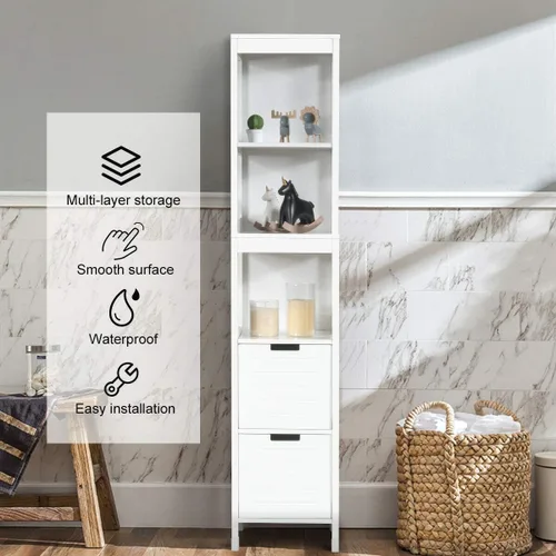 Miniatura 7 de GLACER Armario alto de baño, armario de almacenamiento de piso de madera con tres estantes abiertos y dos cajones, equipado con accesorios