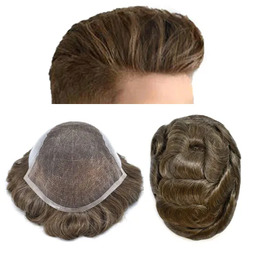 Miniatura 56 de Tupé para hombres 100% europeos unidades de cabello humano francés sistema de cabello de encaje con nudos blanqueados, línea capilar natural para #5