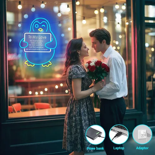 Miniatura 2 de Regalos para el día de San Valentín para ella, él, novio, novia, letrero de neón LED de pingüino azul, decoración romántica de pared para parejas