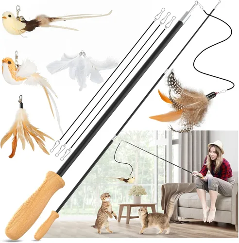 ROSAUI Juguetes de varita para gatos, juguetes interactivos de pájaros para gatitos en interiores, varitas de pesca para gatos de 42.15’’ de largo,