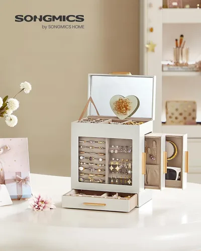 Miniatura 2 de SONGMICS Joyero con ventana de cristal, organizador de joyas de 5 capas con 3 cajones laterales, almacenamiento de joyas, con espejo grande