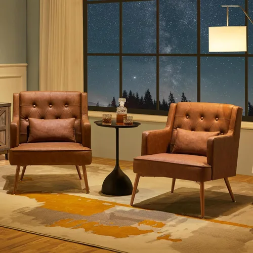 Miniatura 4 de Yaheetech Silla decorativa, silla de sala de estilo Mid Century con cojín lumbar de piel sintética PU, cómoda silla tapizada para leer con patas