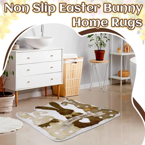 Miniatura 6 de Drydiet Alfombra de baño de conejo de Pascua, alfombra de baño retro de conejo, antideslizante, lavable, alfombra decorativa de bienvenida blanca
