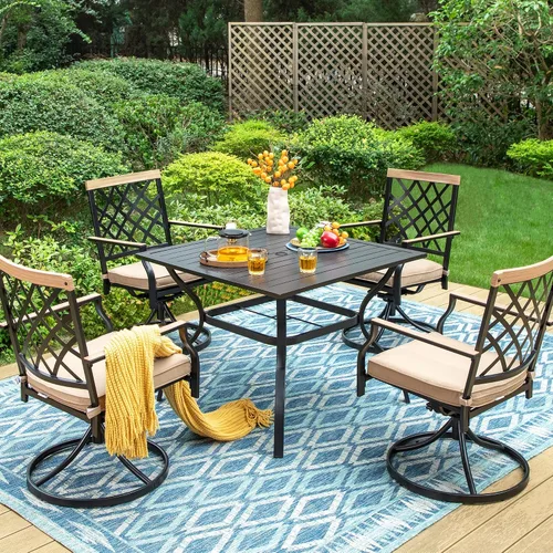 Miniatura 14 de PHI VILLA Juego de 2 sillas de comedor giratorias para exteriores, muebles de patio, mecedoras con cojín, soporta 300 libras para jardín y patio