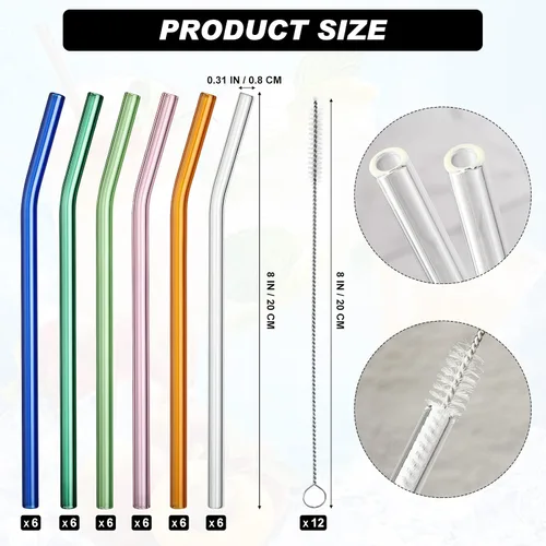 Miniatura 2 de Hosuly 36 pajitas de vidrio reutilizables a granel de 8 pulgadas x 0.315 in, dobladas de vidrio curvadas con cepillos de limpieza, popote de viaje