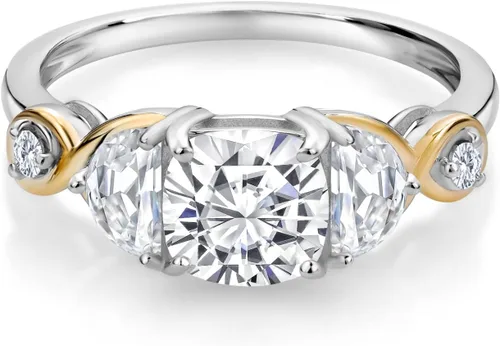 Miniatura 3 de Gem Stone King Anillo de compromiso de 3 piedras de plata 925 y oro amarillo de 10 quilates y moissanita de media luna y diamante blanco cultivado
