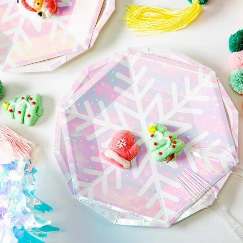 Miniatura 2 de Juego de suministros de fiesta de copo de nieve de Navidad sirve 16, suministros de fiesta temática rosa iridiscente, platos de papel de copo
