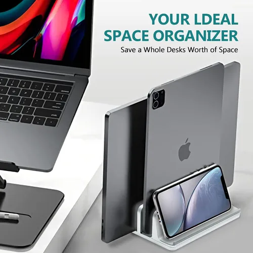 Miniatura 7 de Soporte vertical para computadora portátil para escritorio de metal resistente, 4 ranuras ajustables 4 en 1 vertical MacBook Stand Rack Pro Soporte