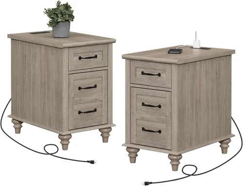 Miniatura 20 de WAMPAT Mesa auxiliar con estación de carga, mesa auxiliar de madera con cajón y armario de almacenamiento, mesa auxiliar moderna con tomas de Roble