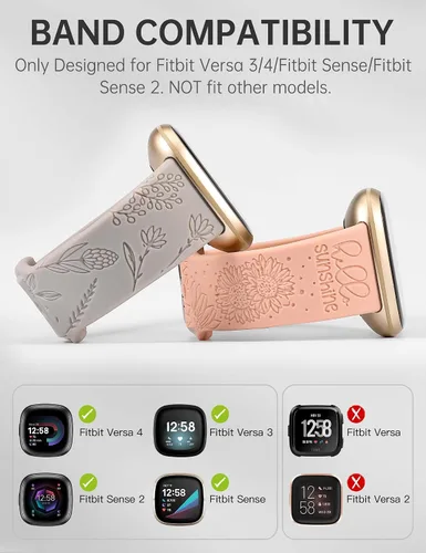 Miniatura 3 de Minyee Paquete de 2 correas grabadas florales compatibles con Fitbit Versa 4/Versa 3/Sense 2/Sense Band para mujer, lindo diseño de girasol de Gris