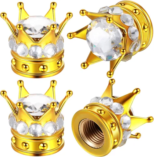 4 Piezas Tapas de Vástago de Válvula de Neumático Corona Bling Hechas a Mano Cristal Diamantes de Imitación Universal Cromado Corona Vehículo Dorado