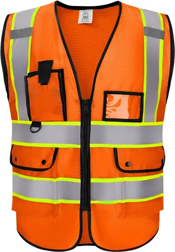 Miniatura 2 de Chaleco de seguridad con logotipo personalizado, chaleco reflectante de visibilidad estándar ANSI clase 2 a granel con bolsillos y cremallera