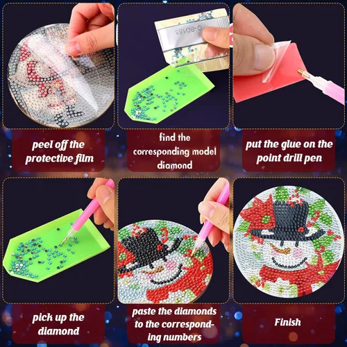 Miniatura 3 de XEFINAL Posavasos de Pinturas de Arte de Diamantes Vintage de Navidad Posavasos de Pintura de Arte de Diamantes con Soporte DIY Kits de Pintura