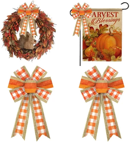 Miniatura 7 de 2 lazos de otoño para corona, lazos de corona de Acción de Gracias, lazos de lana cuadriculada roja y naranja, lazos de arpillera de otoño, lazos