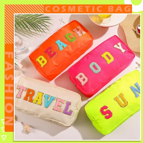 Miniatura 3 de Pinkunn 4 bolsas de maquillaje de chenilla con parche de letras de chenilla, bolsa de cosméticos para viajes de verano, playa, sol, bolsa