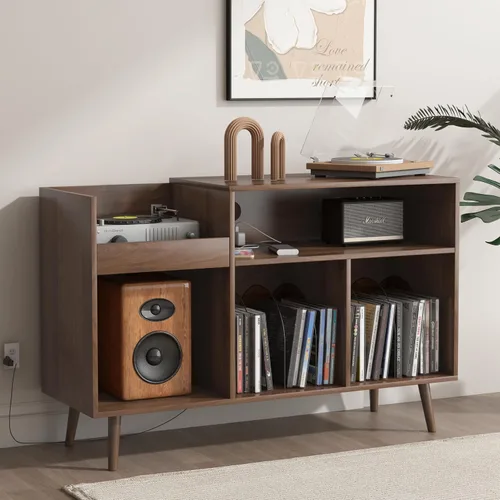 Miniatura 8 de Soporte para tocadiscos, armario de almacenamiento de discos de vinilo con toma de corriente, capacidad para hasta 350 álbumes, mesa de soporte