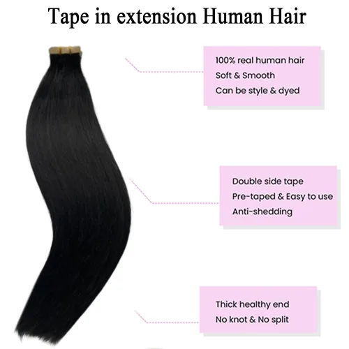 Miniatura 2 de Extensiones de cabello con cinta, 22 pulgadas, extensiones de cabello humano real color negro azabache, 1.76 oz, 20 unidades, extensiones de cabello