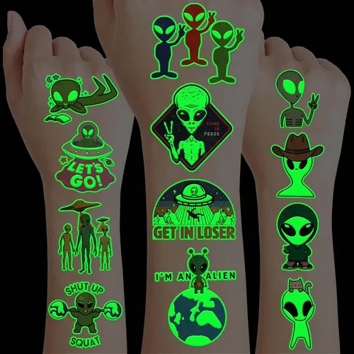 96 tatuajes temporales de extraterrestre luminosos precortados para niños y niñas, suministros de fiesta de cumpleaños, suministros de decoración,