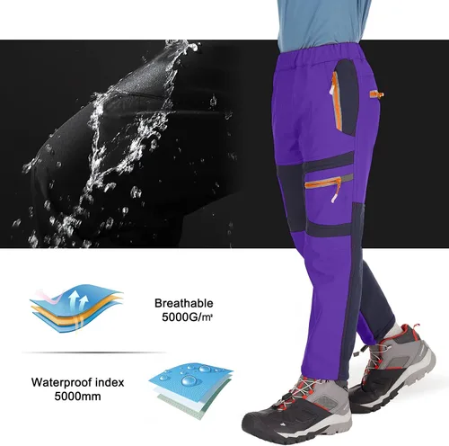 Miniatura 36 de linlon Pantalones impermeables para la nieve para niños y niños, forro polar lind para senderismo, softshell, cálidos, con aislamiento térmico