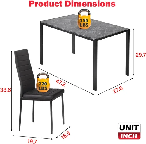 Miniatura 7 de Juego de mesa y sillas de comedor PayLessHere, moderna mesa rectangular de mármol con tapa y 4 sillas de cuero PU para comedor y cocina, mármol negro