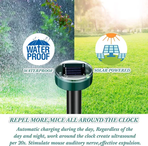 Miniatura 5 de Repelente solar de topos, repelente ultrasónico de topos, alimentado por energía solar, disuasorio de ondas sonoras para exteriores, para césped