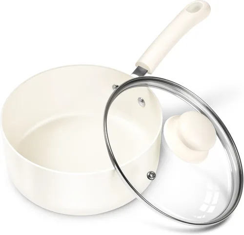 Miniatura 9 de MICHELANGELO Juego de sartenes antiadherentes, cacerola de cerámica con tapa, olla multiusos con tapa, sartenes no tóxicas, 1 cuarto de galón, blanco