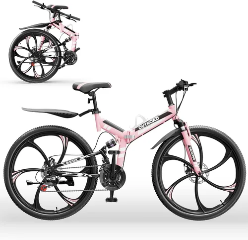 Miniatura 11 de Outroad - Bicicleta de montaña plegable de 26 pulgadas, 21 velocidades, suspensión completa, bicicleta MTB de acero de alto carbono plegable, freno
