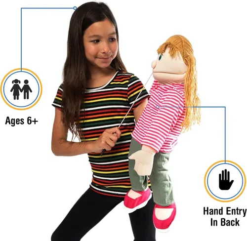 Miniatura 2 de 25" Emily, chica melocotón, cuerpo completo, marioneta estilo ventrílocuo