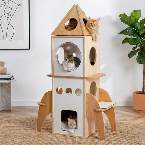 Miniatura 8 de MUTTROS Árbol moderno de madera para gatos de 42.5 pulgadas con condominio de 2 pisos, postes rascadores, nido de cápsulas y bolas colgantes