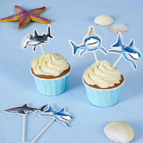 Miniatura 8 de WERNNSAI 36 piezas de decoración para pastel de tiburón - Adornos de pastel de tiburón para fiesta de cumpleaños temática de océano, decoración